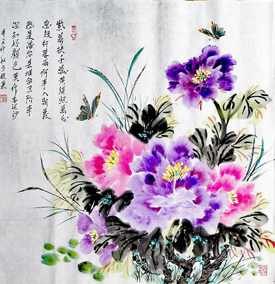 方晓丽《紫萼扶千蕊 黄须照万花  忽疑行暮雨 何事入朝霞  恐是潘安县 堪留卫玠车  深知好颜色 莫作委泥沙》